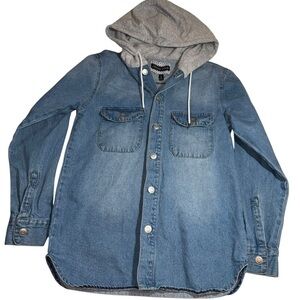 Alivia Ford Women’s Small Faded Denim Hooded Jacket/ Shirt With Gray Hood 2 pkts